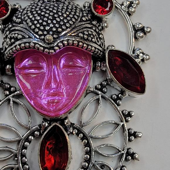 Sterling Silver Pendant with Pink Carved Face and Garnet Accents - Picture 8 of 10